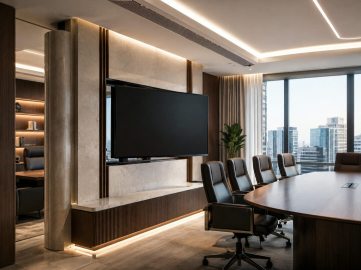 Motorised TV lift on a stone feature wall in an executive boardroom with a city view