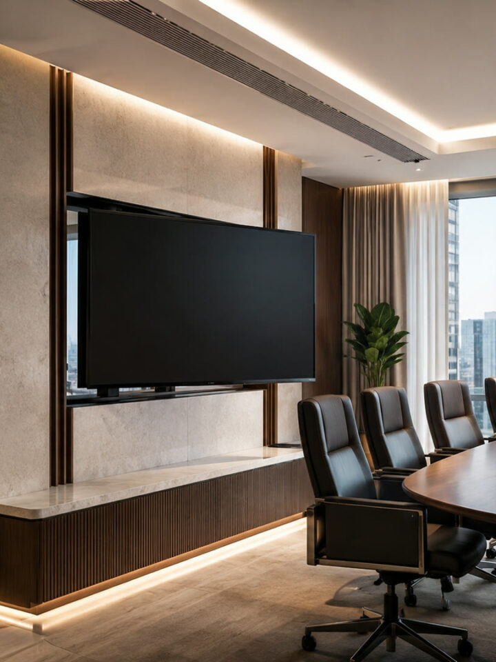 Motorised TV lift on a stone feature wall in an executive boardroom with a city view