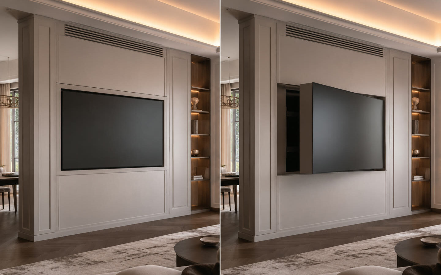 Sliding wall panel concealing and revealing a hidden TV, Durumetal moving panel system