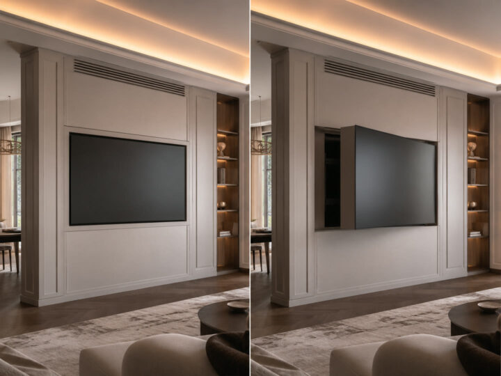 Sliding wall panel concealing and revealing a hidden TV, Durumetal moving panel system
