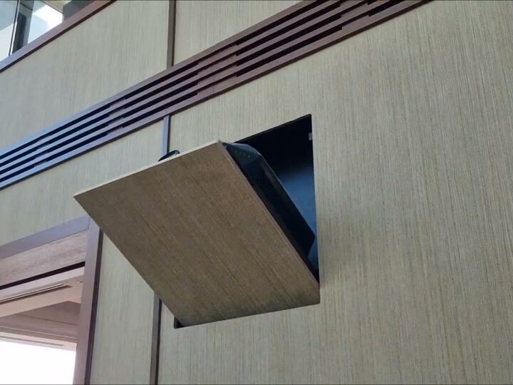 Matching wood panel tilting open to reveal Durumetal hidden projector mechanism