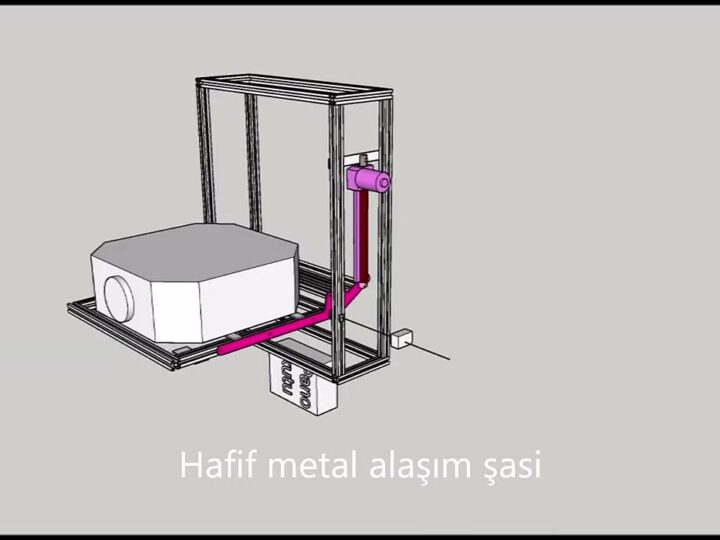 CAD render of Durumetal projector lift showing the light metal-alloy chassis and ultra-quiet motor