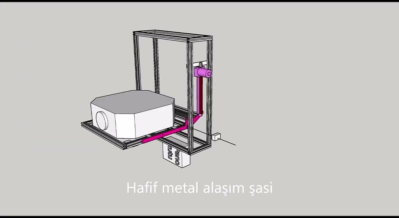CAD render of Durumetal projector lift showing the light metal-alloy chassis and ultra-quiet motor