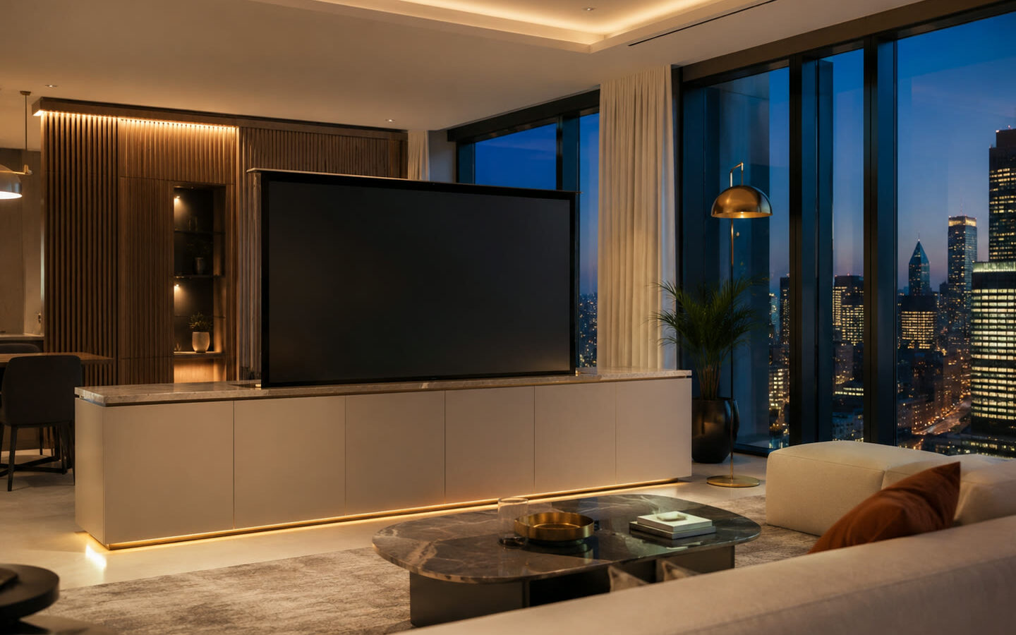 Motorised TV lift raised from a console in a skyline penthouse living room by Durumetal