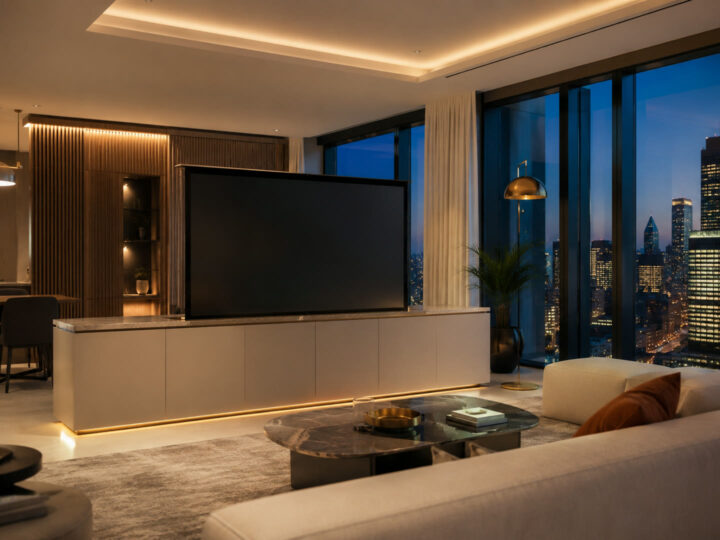 Motorised TV lift raised from a console in a skyline penthouse living room by Durumetal