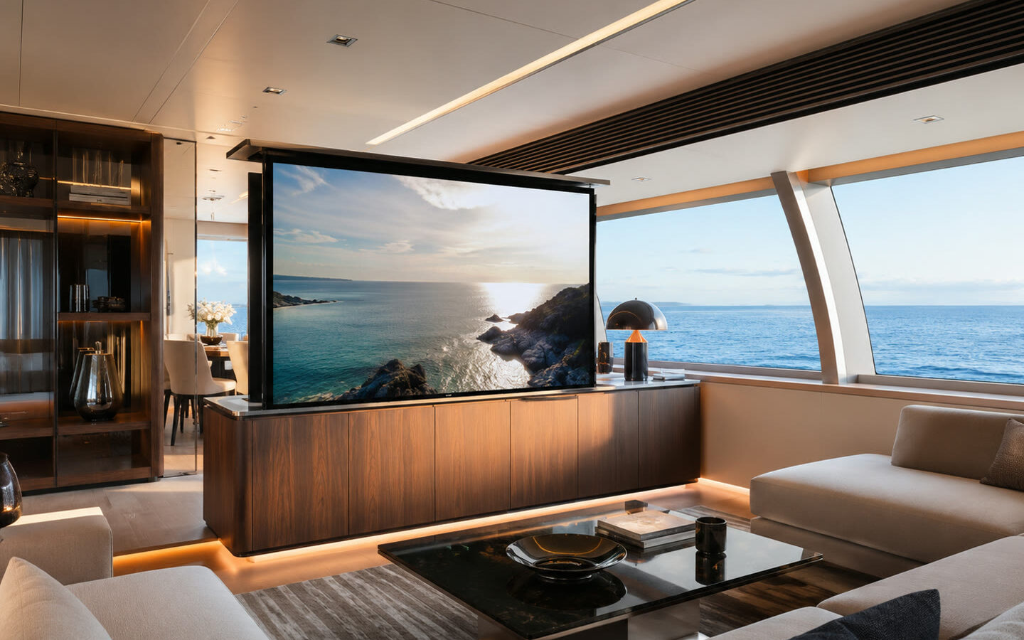 Bespoke TV lift deployed in a superyacht salon with a panoramic sea view