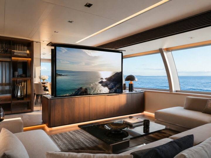 Bespoke TV lift deployed in a superyacht salon with a panoramic sea view