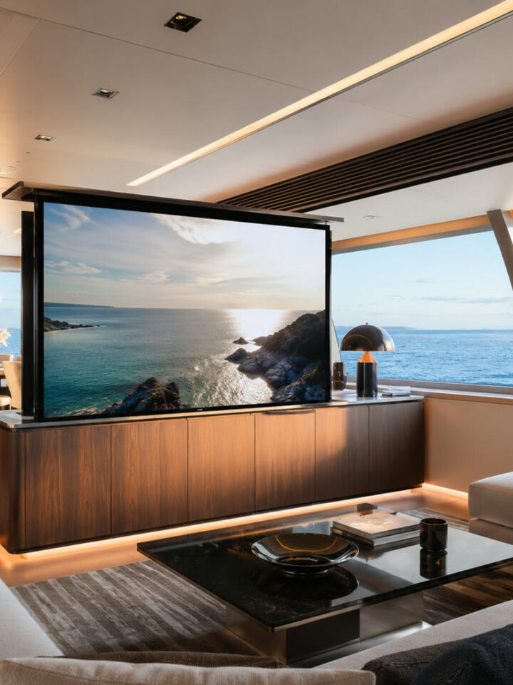 Bespoke TV lift deployed in a superyacht salon with a panoramic sea view
